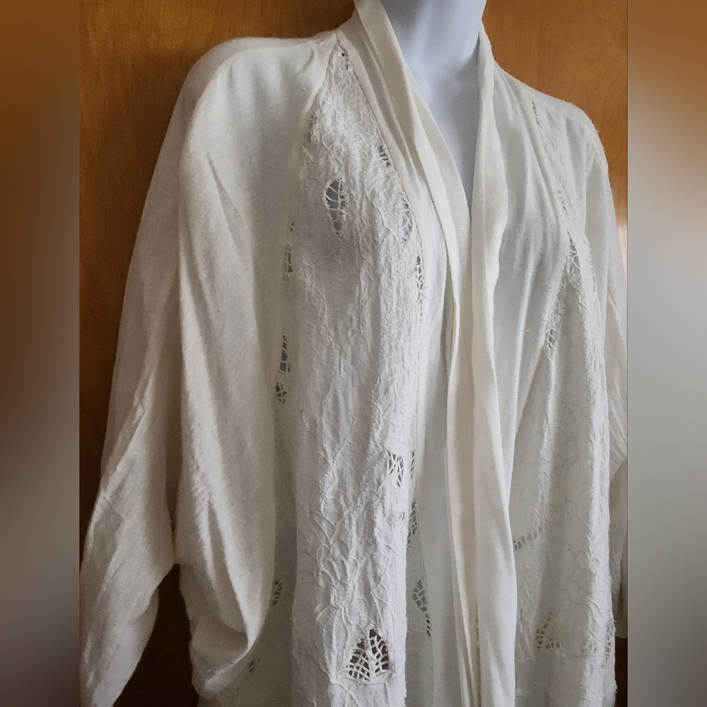 Free People Cool Nights Embroidered Kimono Cardigan Ivory Cotton Blend Size L - Picture 9 of 16